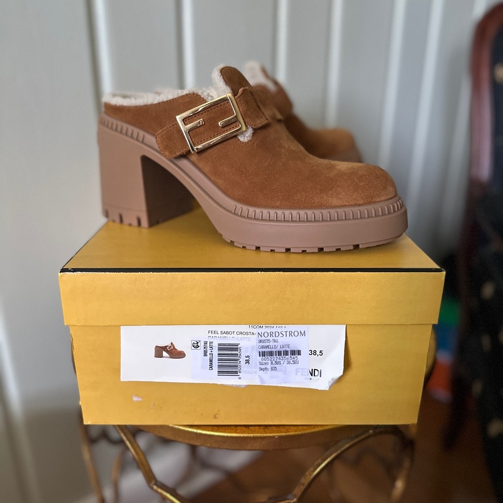 Fendi Tan Block Heel Mules with Gold Buckle